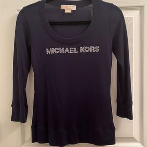 Michael Kors small waffle knit 3/4 sleeve navy rhinestone tee